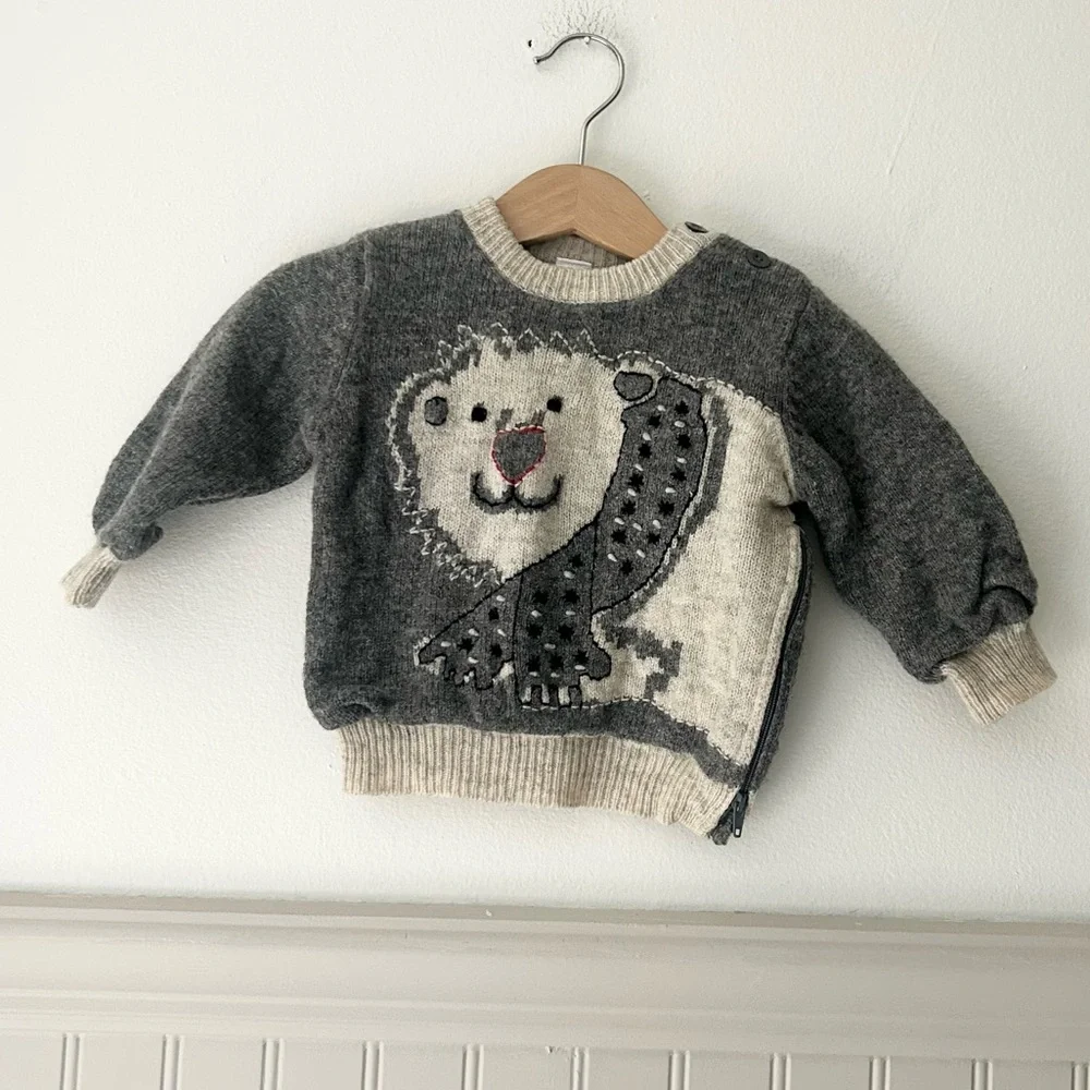 Baby Gap 100% Wool 6-12 Months Gray Cream Polar Bear Sweater